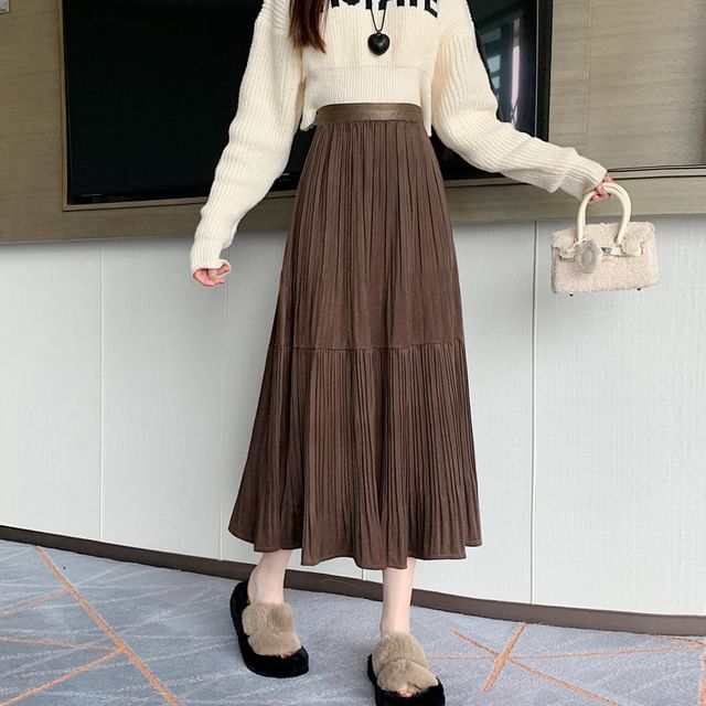 Accordion Pleated Midi A-Line Skirt - High Waist