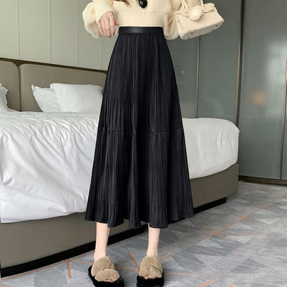 Accordion Pleated Midi A-Line Skirt - High Waist