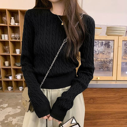 Cable-Knit Crew Neck Sweater in Solid Color