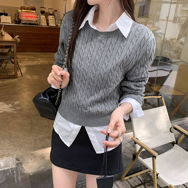 Cable-Knit Crew Neck Sweater in Solid Color