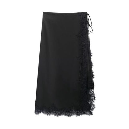 Lace Trim Midi A-Line Skirt - High Waist