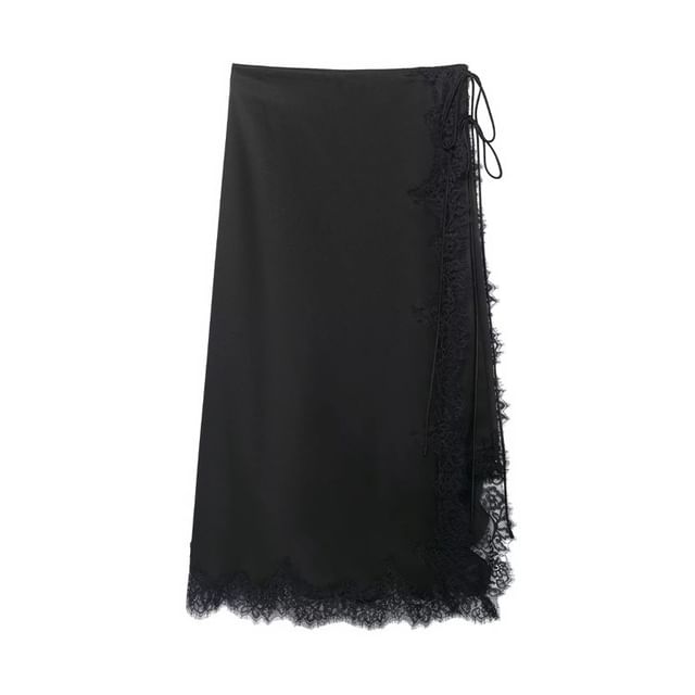 Lace Trim Midi A-Line Skirt - High Waist