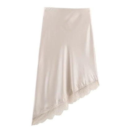 Lace Trim Asymmetrical Midi A-Line Skirt - High Rise