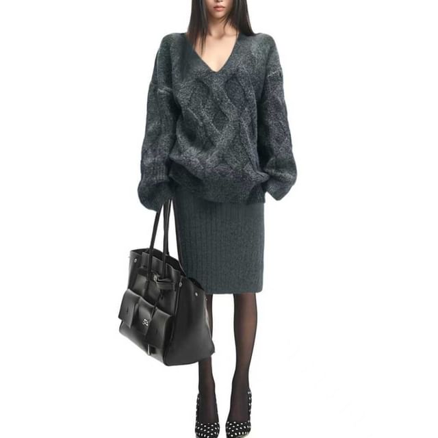 V-Neck Cable Knit Sweater & Ribbed Midi Pencil Skirt Set