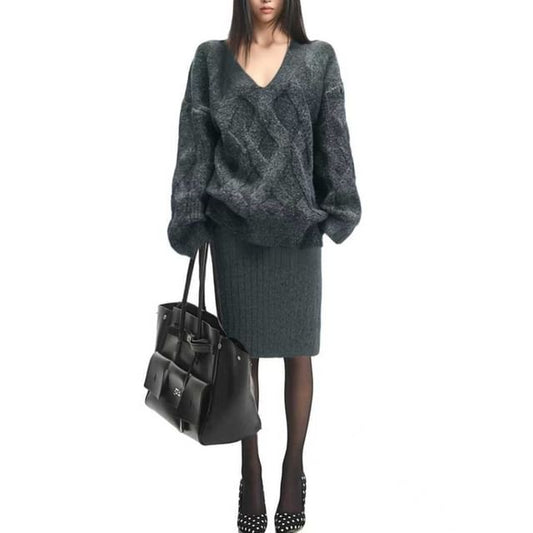 V-Neck Cable Knit Sweater & Ribbed Midi Pencil Skirt Set