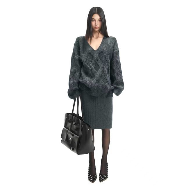 V-Neck Cable Knit Sweater & Ribbed Midi Pencil Skirt Set