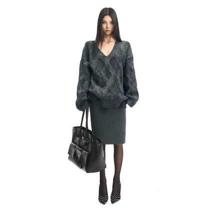 V-Neck Cable Knit Sweater & Ribbed Midi Pencil Skirt Set