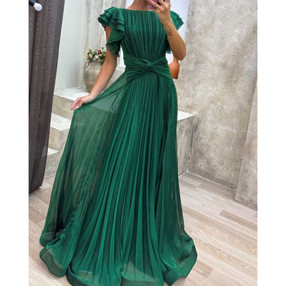 Flutter Sleeve Boat Neck Plain Pleated A-Line Evening Gown