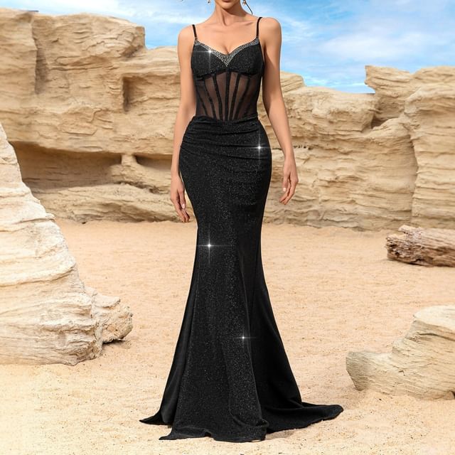 Spaghetti Strap Plain Glitter Panel Mesh Trumpet Evening Gown