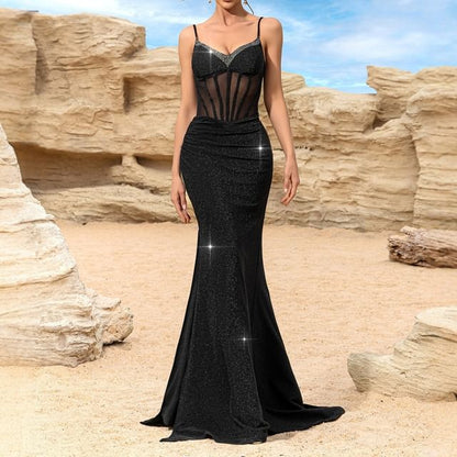 Spaghetti Strap Plain Glitter Panel Mesh Trumpet Evening Gown