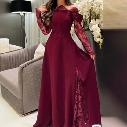 Long Sleeve Off Shoulder Plain Panel Lace A-Line Evening Gown