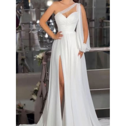 Sleeveless One Shoulder Plain Slit Panel Mesh A-Line Wedding Gown