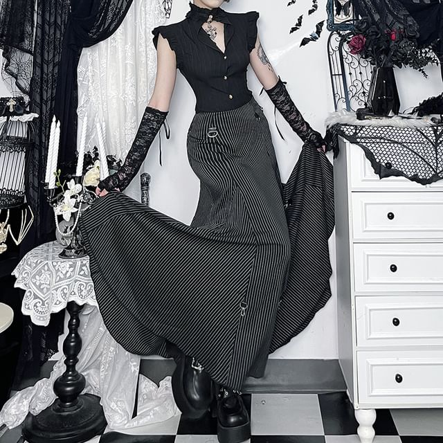 V-Neck Cap Sleeve Top & Striped Maxi A-Line Skirt Set