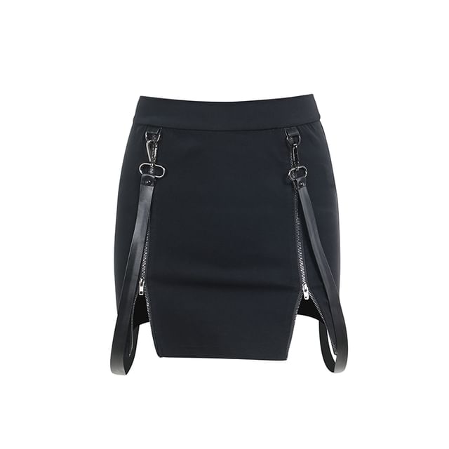 Sleeveless Faux Leather Zip-Up Crop Top - Long-Sleeve Shrug - Pencil Skirt