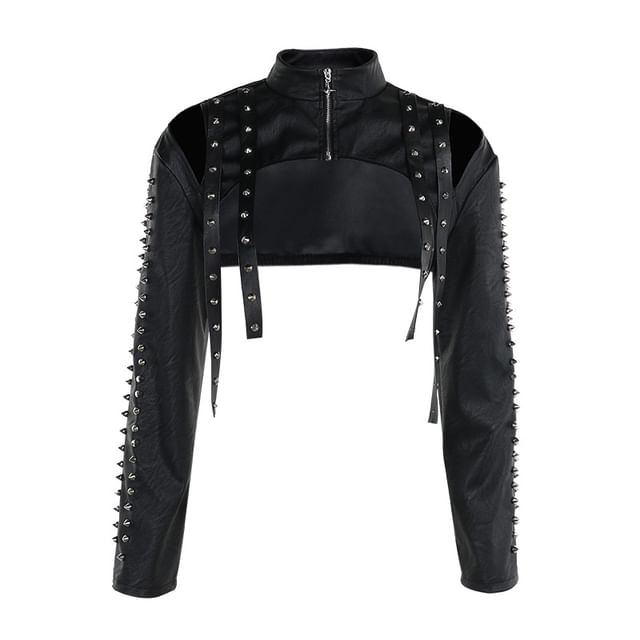 Sleeveless Faux Leather Zip-Up Crop Top - Long-Sleeve Shrug - Pencil Skirt
