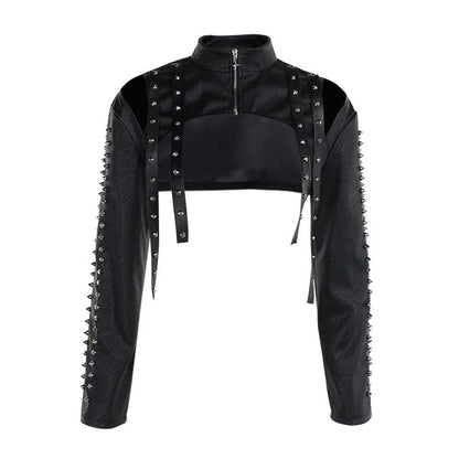 Sleeveless Faux Leather Zip-Up Crop Top - Long-Sleeve Shrug - Pencil Skirt