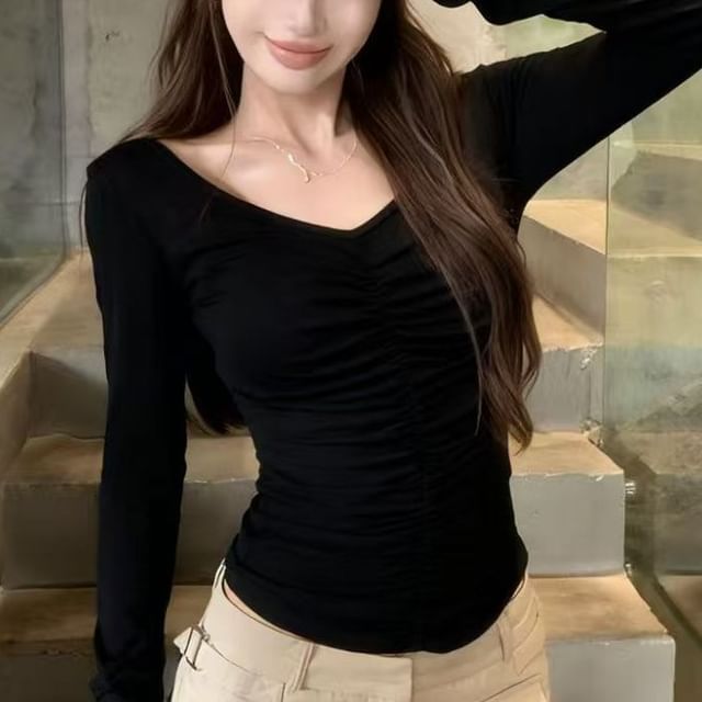 Cinched V-Neck Crop Top with Long Sleeves
