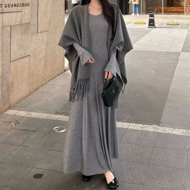 Long-Sleeve V-Neck Plain Maxi A-Line Dress / Scarf