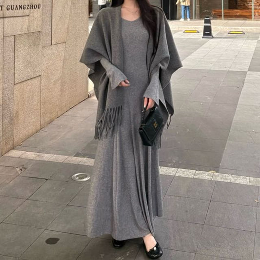 Long-Sleeve V-Neck Plain Maxi A-Line Dress / Scarf