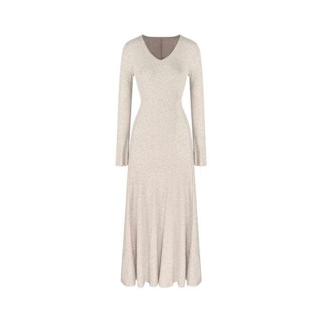 Long-Sleeve V-Neck Plain Maxi A-Line Dress / Scarf