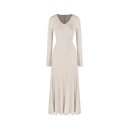 Long-Sleeve V-Neck Plain Maxi A-Line Dress / Scarf