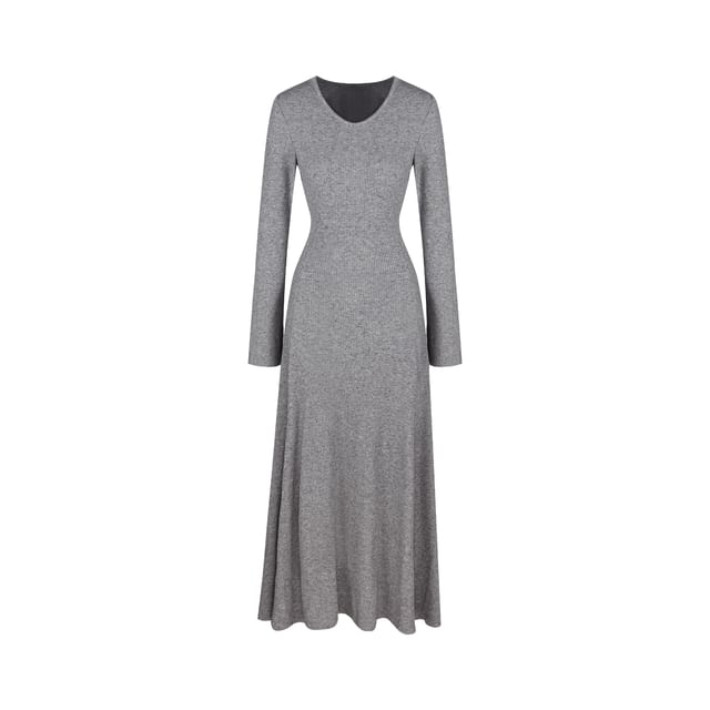 Long-Sleeve V-Neck Plain Maxi A-Line Dress / Scarf
