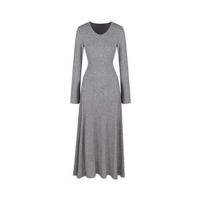 Long-Sleeve V-Neck Plain Maxi A-Line Dress / Scarf