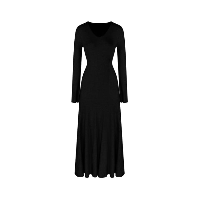 Long-Sleeve V-Neck Plain Maxi A-Line Dress / Scarf
