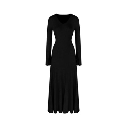 Long-Sleeve V-Neck Plain Maxi A-Line Dress / Scarf