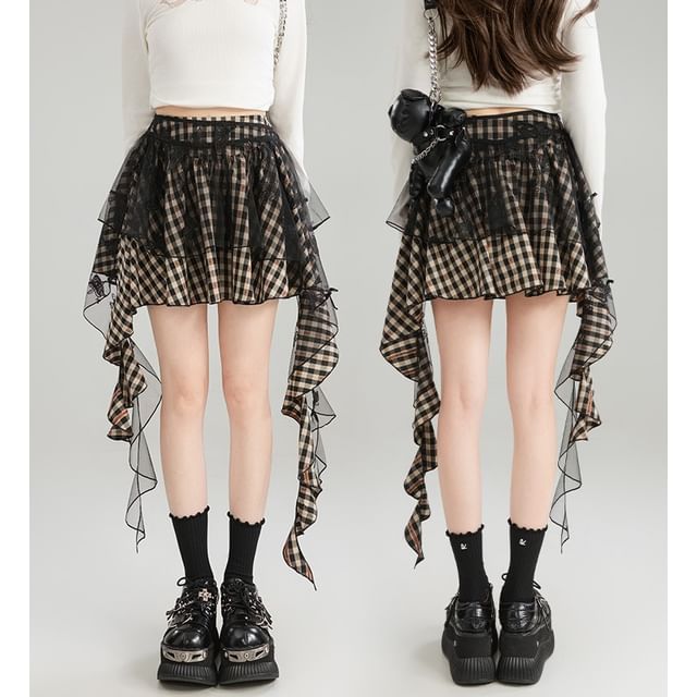 High Waist Plaid Mesh Panel Ruffled Asymmetric Hem Mini Skirt
