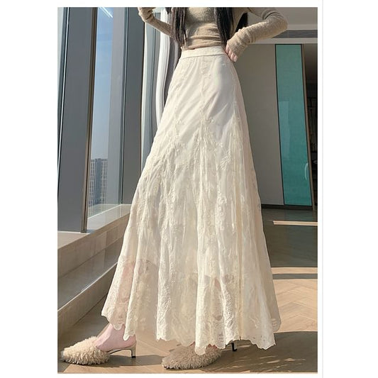 High Waist Lace Maxi A-Line Skirt