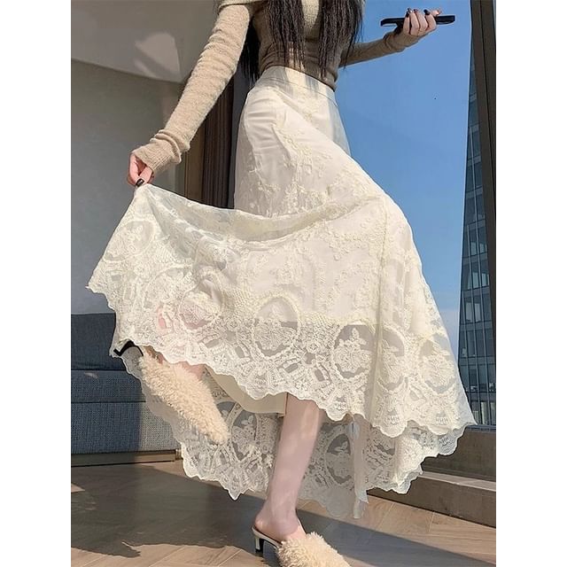 High Waist Lace Maxi A-Line Skirt