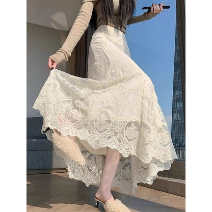 High Waist Lace Maxi A-Line Skirt