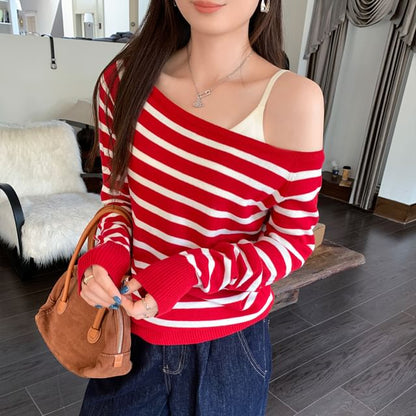 Off-Shoulder Striped Long-Sleeve Sweater