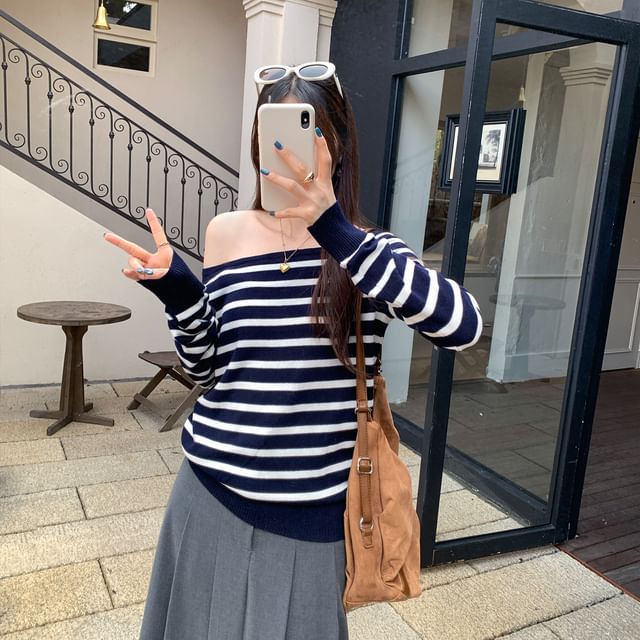 Off-Shoulder Striped Long-Sleeve Sweater