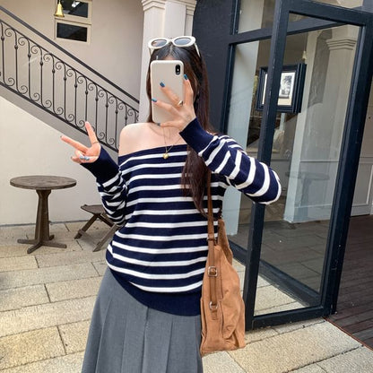 Off-Shoulder Striped Long-Sleeve Sweater
