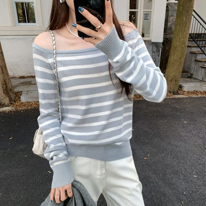 Off-Shoulder Striped Long-Sleeve Sweater