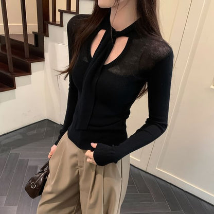 Long-Sleeve Tie Neck Ribbed Knit Top
