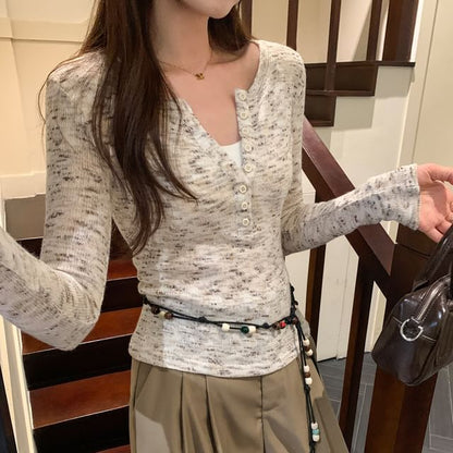 Long-Sleeve Round Neck Melange Tee