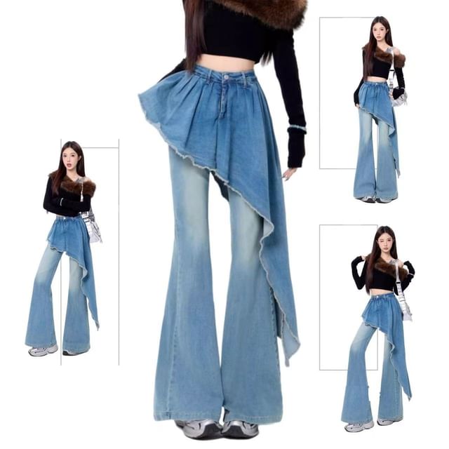 High Waist Washed Asymmetrical Skirt Overlay Flared Jeans