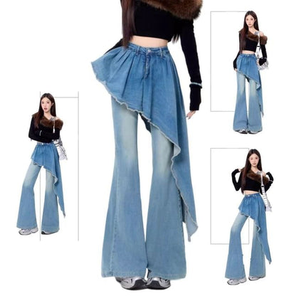 High Waist Washed Asymmetrical Skirt Overlay Flared Jeans