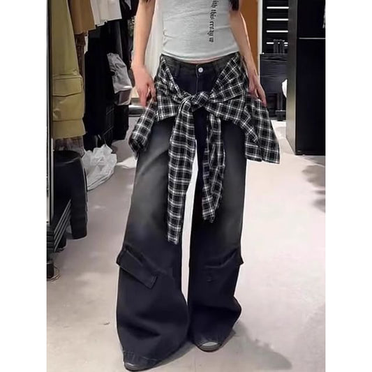 Mid Waist Plaid Skirt Overlay Washed Baggy Jeans