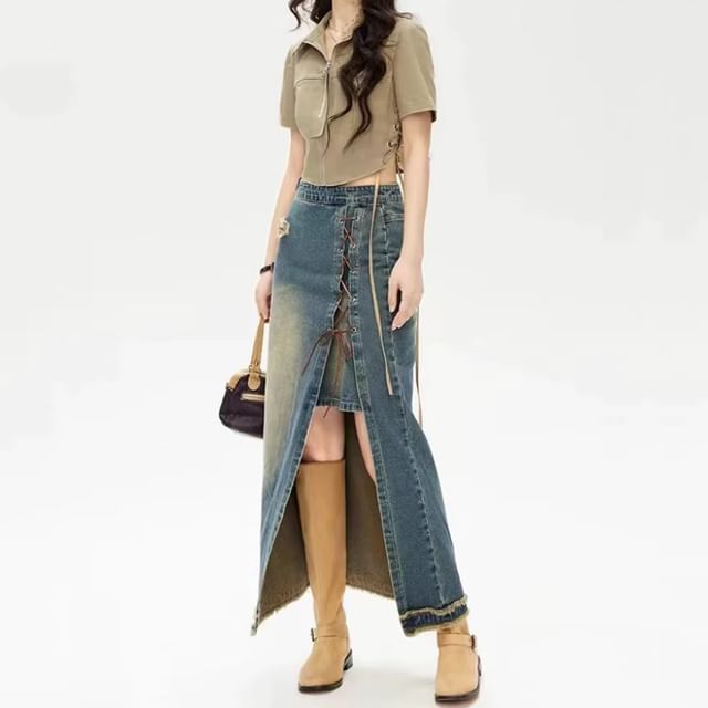 High Waist Washed Fray Slit Lace Up Maxi Pencil Denim Skirt