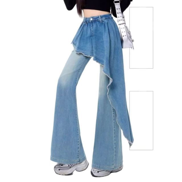High Waist Washed Asymmetrical Skirt Overlay Flared Jeans
