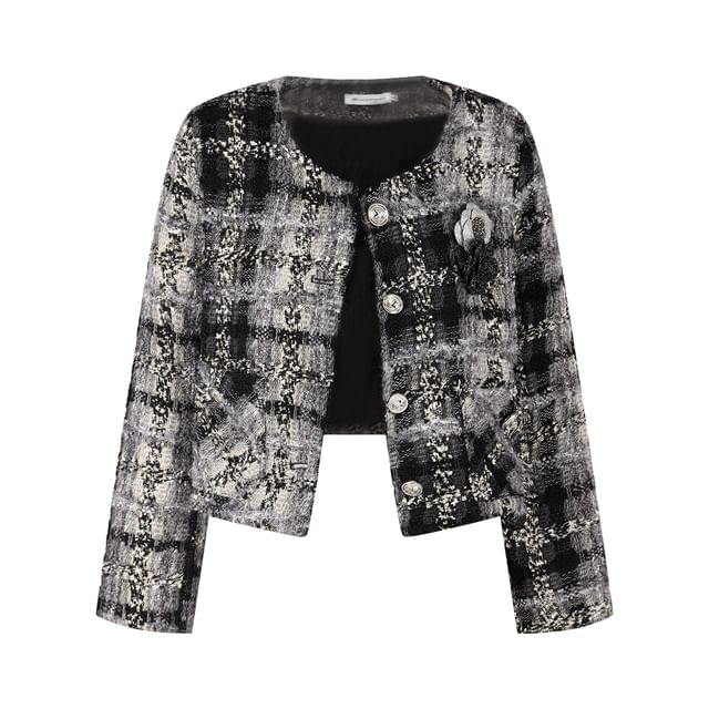 Tweed Button Jacket - High Rise Mini A-Line Skirt - Long-Sleeve Ruffle Blouse