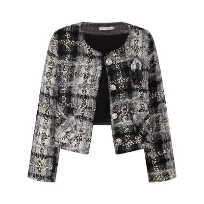 Tweed Button Jacket - High Rise Mini A-Line Skirt - Long-Sleeve Ruffle Blouse