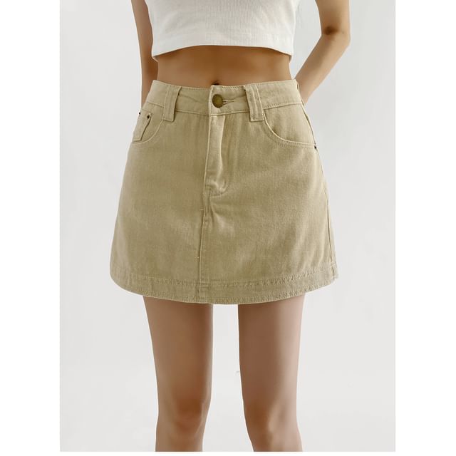 Mid Rise Washed Denim Mini H-Line Skirt