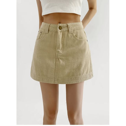 Mid Rise Washed Denim Mini H-Line Skirt