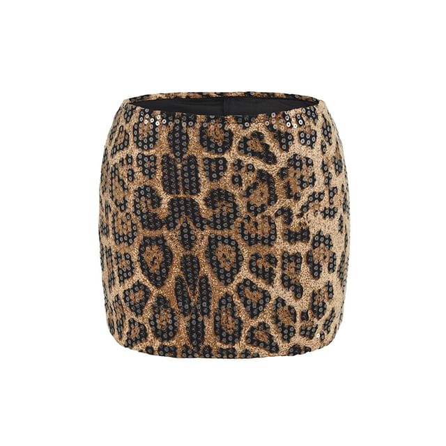 High Waist Leopard Print Sequin Mini Pencil Skirt