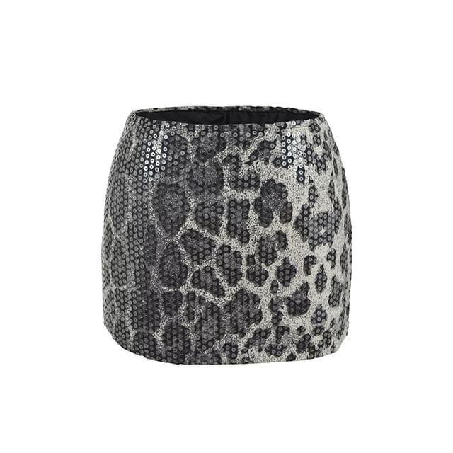 High Waist Leopard Print Sequin Mini Pencil Skirt